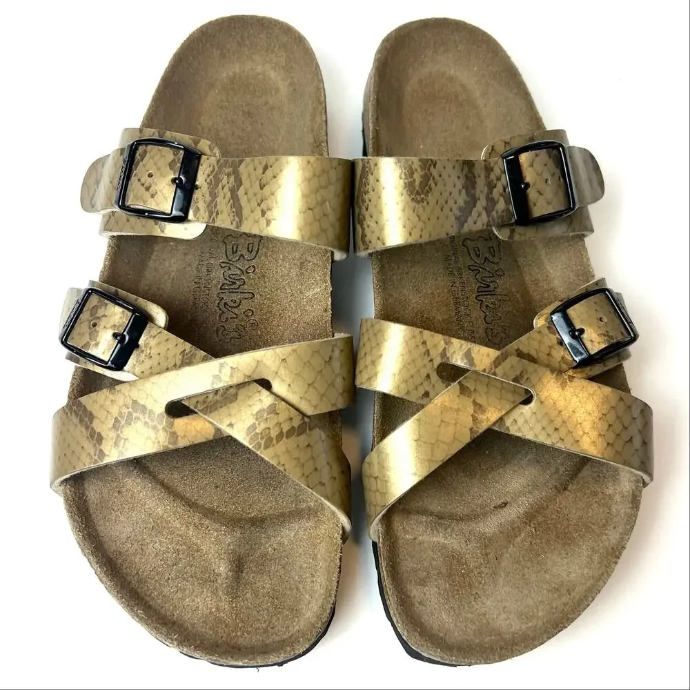 Birkenstock Birki's Gold Snakeskin Nepal Criss Cross Double Strap Sandals Size 8